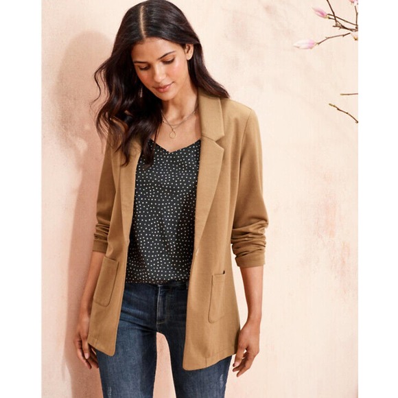 Garnet Hill Jackets & Blazers - Garnet Hill Knit Relaxed Blazer Jacket Camel Stretch Long Sleeved Size 6 H14879